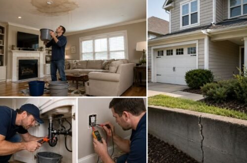 Homeowners addressing urgent home repairs including roof leaks plumbing and electrical issues