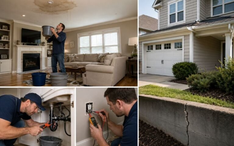 Homeowners addressing urgent home repairs including roof leaks plumbing and electrical issues
