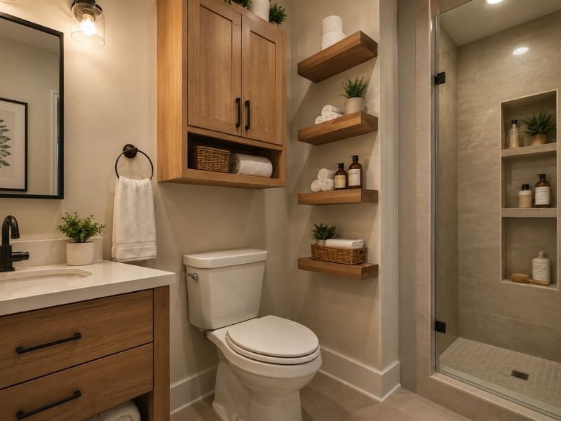 Vertical storage solutions in a small bathroom