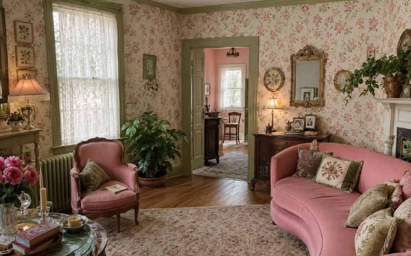 Vintage pink floral wallpaper living room