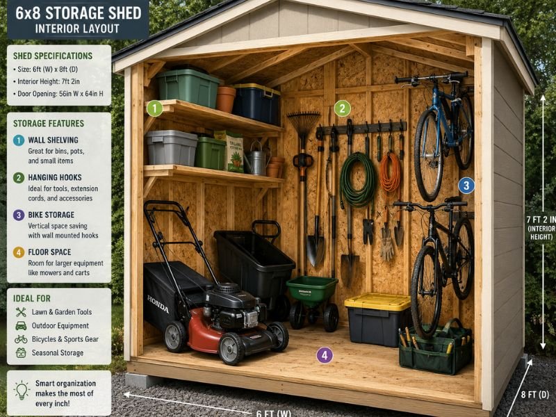 Organized interior of a 6x8 outdoor storage shed