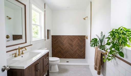 Bathroom with white walls and dark wood vanity