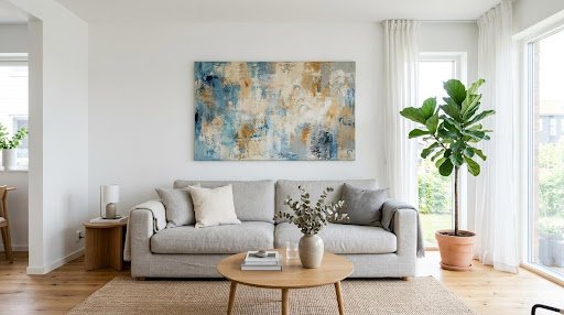 modern-wall-art-above-neutral-couch A well-scaled piece of wall art above a neutral sofa creates an instant focal point without requiring any other renovation