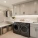 Small cluttered laundry closet without proper storage or folding space