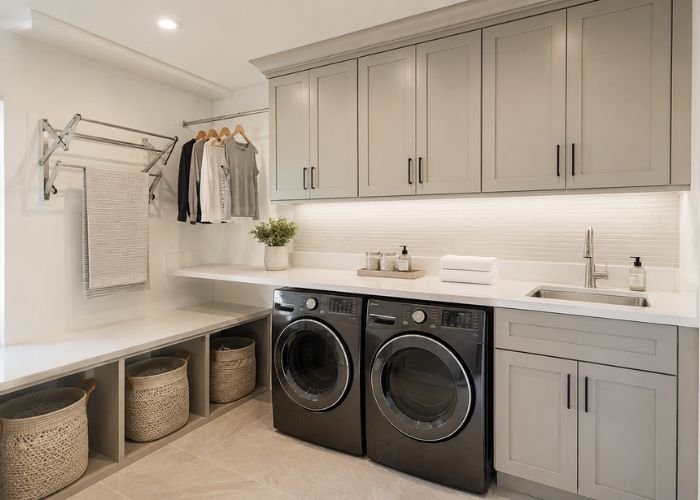 Small cluttered laundry closet without proper storage or folding space