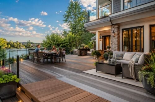 Composite decking reviews showing a premium modern backyard deck with wood-look composite boards