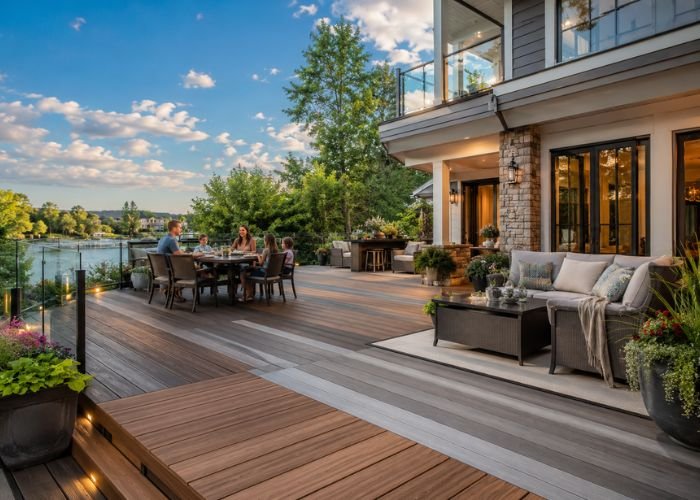 Composite decking reviews showing a premium modern backyard deck with wood-look composite boards