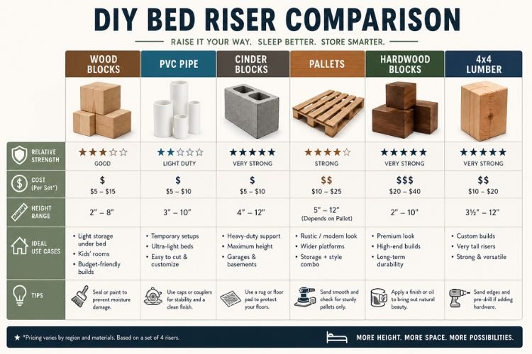 DIY bed riser comparison chart