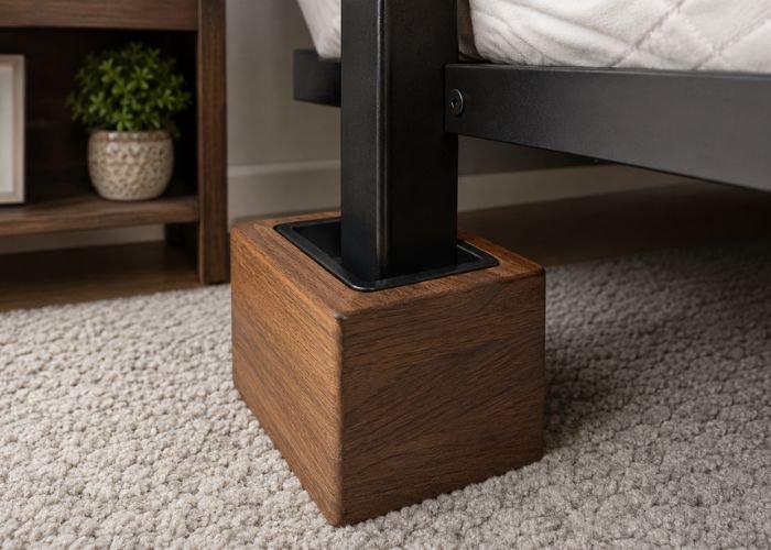Custom wooden riser supporting a metal bed frame