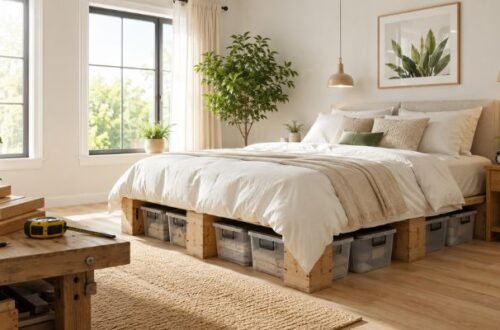 DIY wooden bed risers raising a bed for extra storage space