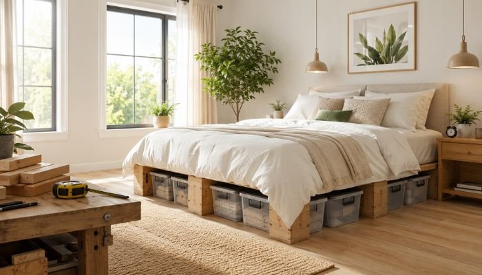 DIY wooden bed risers raising a bed for extra storage space