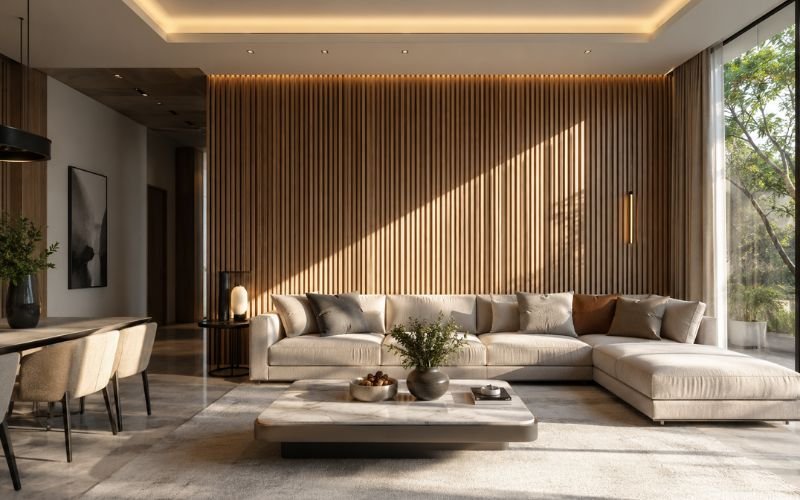 Modern living room featuring decorative wall panels that add texture and depth