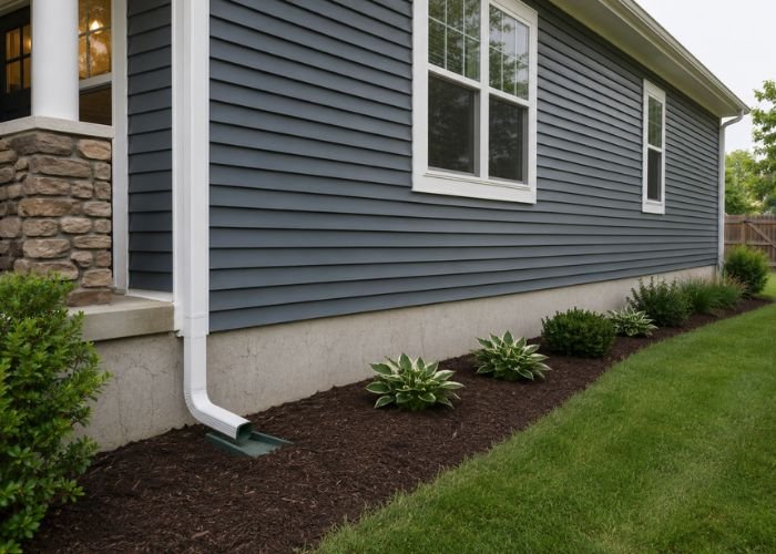 Suburban home foundation with visible cracks and drainage protection