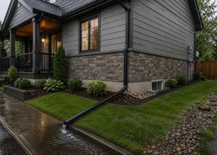 Modern home protected from water damage with proper drainage and gutters