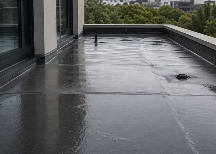 Flat Roof Repair and Drainage Inspection Flat roof membrane and drainage system after rain