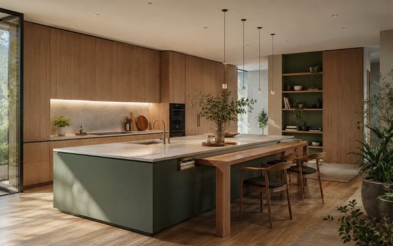 Functional aesthetic modern kitchen featuring minimalist cabinetry and multifunctional island