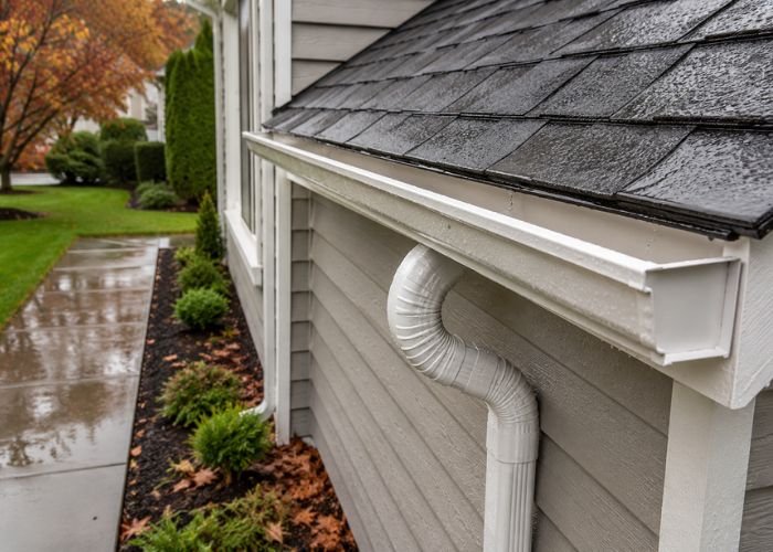 Clean gutters directing rainwater away from home foundation
