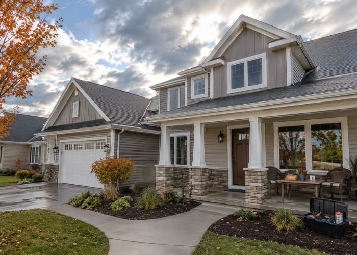 Well maintained home exterior with roof gutters and outdoor maintenance areas