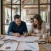 Homeowners planning a home renovation with blueprints, budget documents, and design ideas