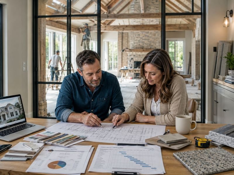 Homeowners planning a home renovation with blueprints, budget documents, and design ideas