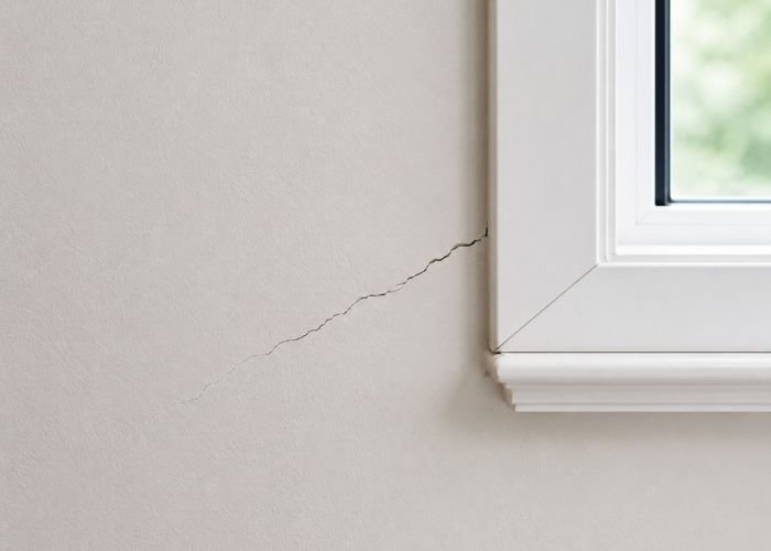 Diagonal drywall crack near window corner showing possible foundation movement warning sign