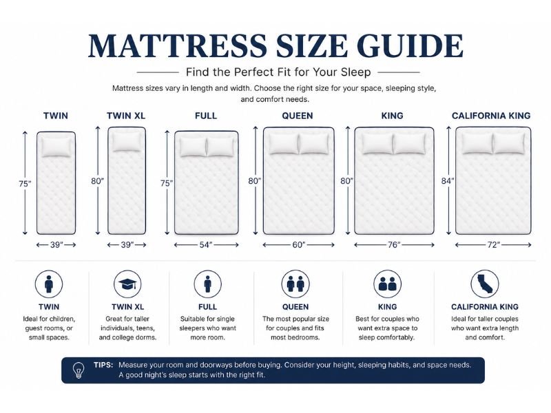 Twin XL king queen and California king mattress size comparison chart