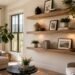 Beautiful floating wall shelves installed on a drywall living room wall
