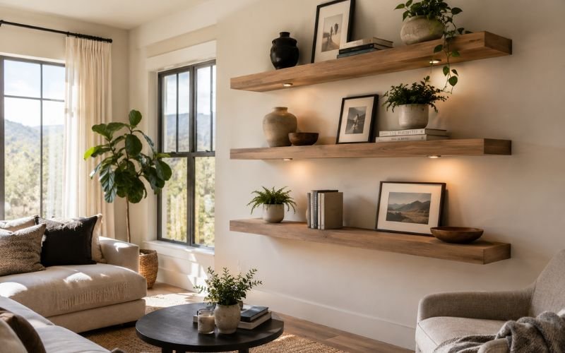 Beautiful floating wall shelves installed on a drywall living room wall