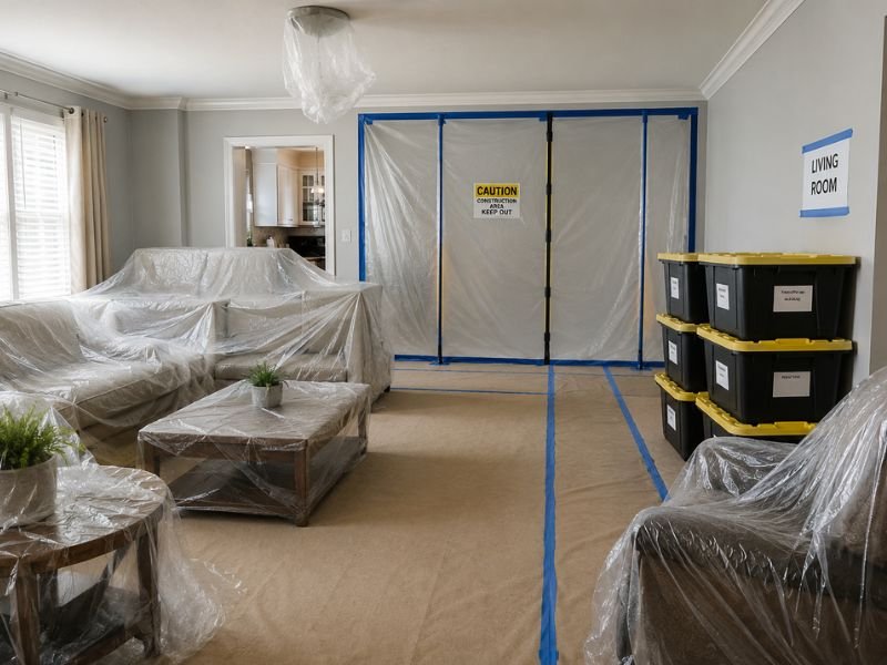 Preparing a home for renovation with protective coverings and storage