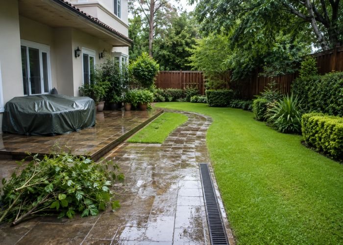 Yard preparation with trimmed trees and cleared drainage areas