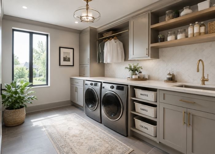Functional laundry room with folding counter and organized storage
