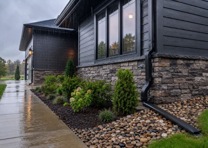 Clean gutters directing rainwater away from house foundation