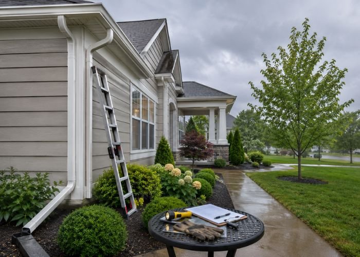 Homeowner preparing house for rainy season maintenance with clean gutters and drainage