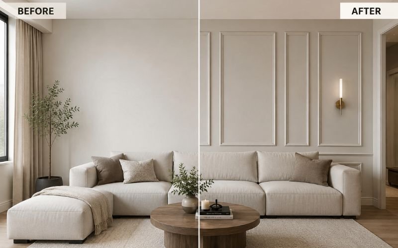 Before and after decorative wall panel installation