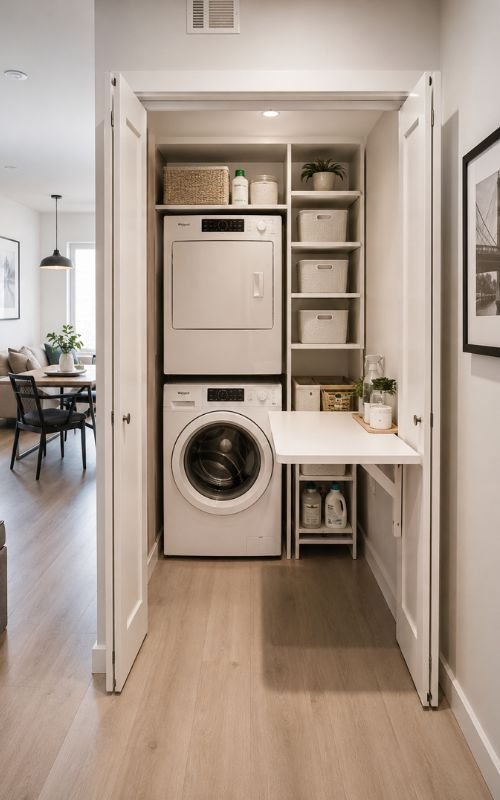 Small laundry closet upgraded with space-saving storage solutions