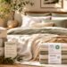 Luxury bedroom showing sustainable bedding labels and greenwashing claims