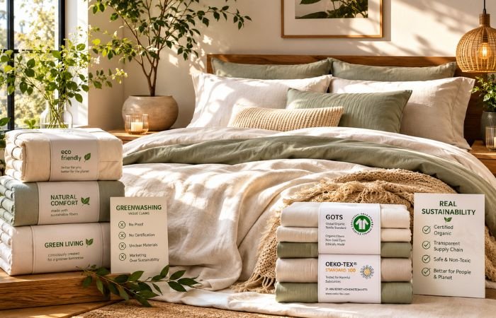 Luxury bedroom showing sustainable bedding labels and greenwashing claims