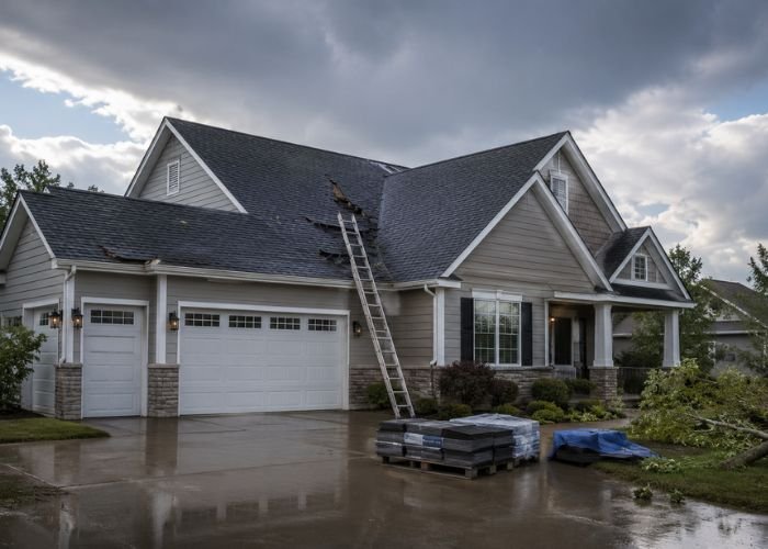 Storm damaged residential roof showing signs requiring repair