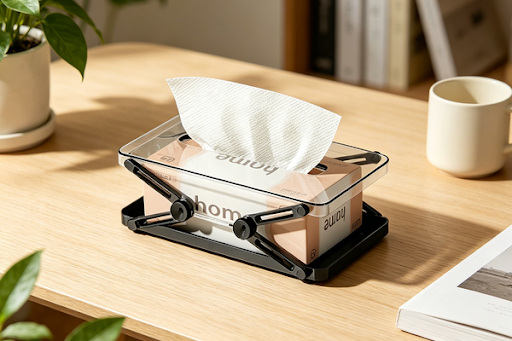 Foldable tissue box holder keeping a coffee table neat and organized