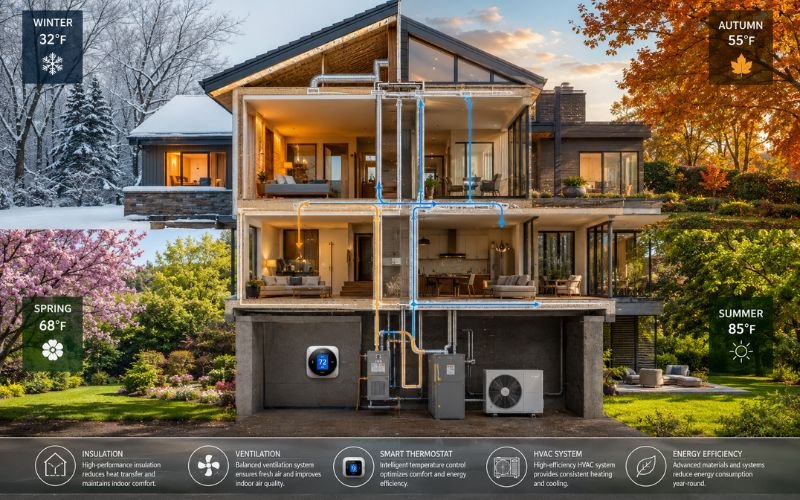 Modern energy-efficient home maintaining comfort throughout all four seasons