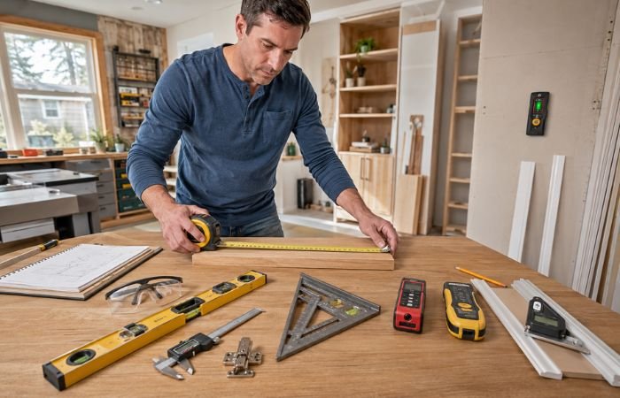 DIY homeowner measuring a wooden board with a tape measure while using essential measuring tools including a spirit level, digital caliper, combination square, laser distance measure, stud finder, and angle finder in a home workshop.