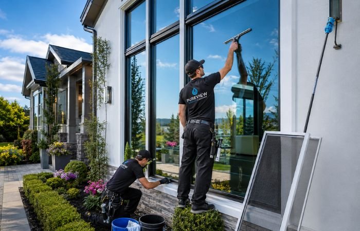 Professional cleaning window glass, frames, tracks, sills, and screens on a modern home