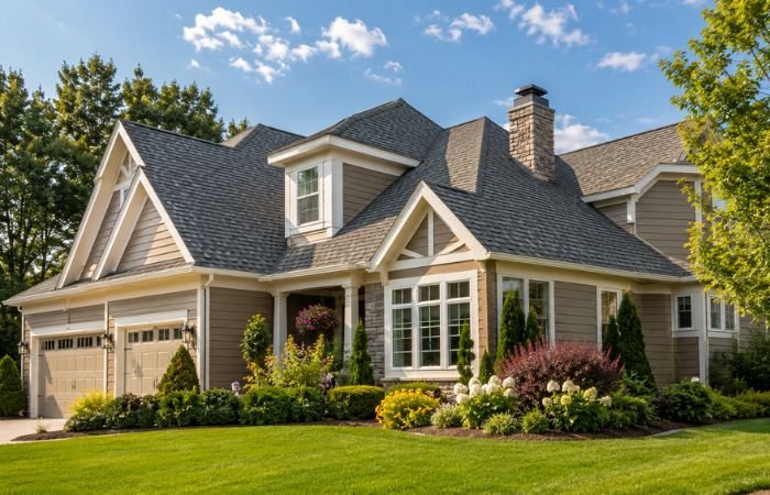 Beautiful modern home with a well-maintained roof during summer