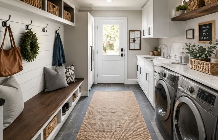 Mudroom and utility room combination with bench seating