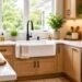 Modern farmhouse sink installed in a compact kitchen