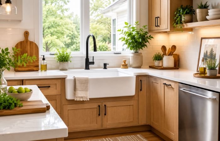Modern farmhouse sink installed in a compact kitchen
