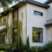Organic growth trapping moisture on exterior stucco and brick walls of a modern home