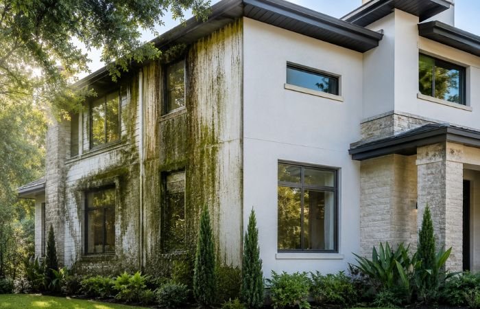 Organic growth trapping moisture on exterior stucco and brick walls of a modern home