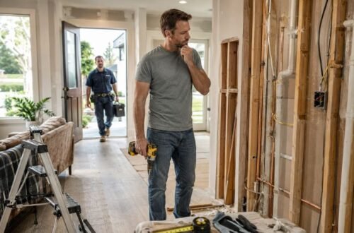 Homeowner deciding whether to DIY or call a professional for home repairs