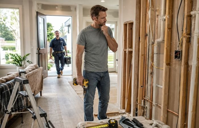 Homeowner deciding whether to DIY or call a professional for home repairs